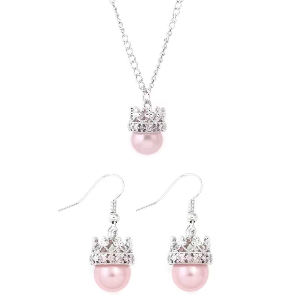 Wicked Glenda The Good Witch Faux Pink Pearl Necklace & Earrings Set Silver Tone - Picture 2 of 13